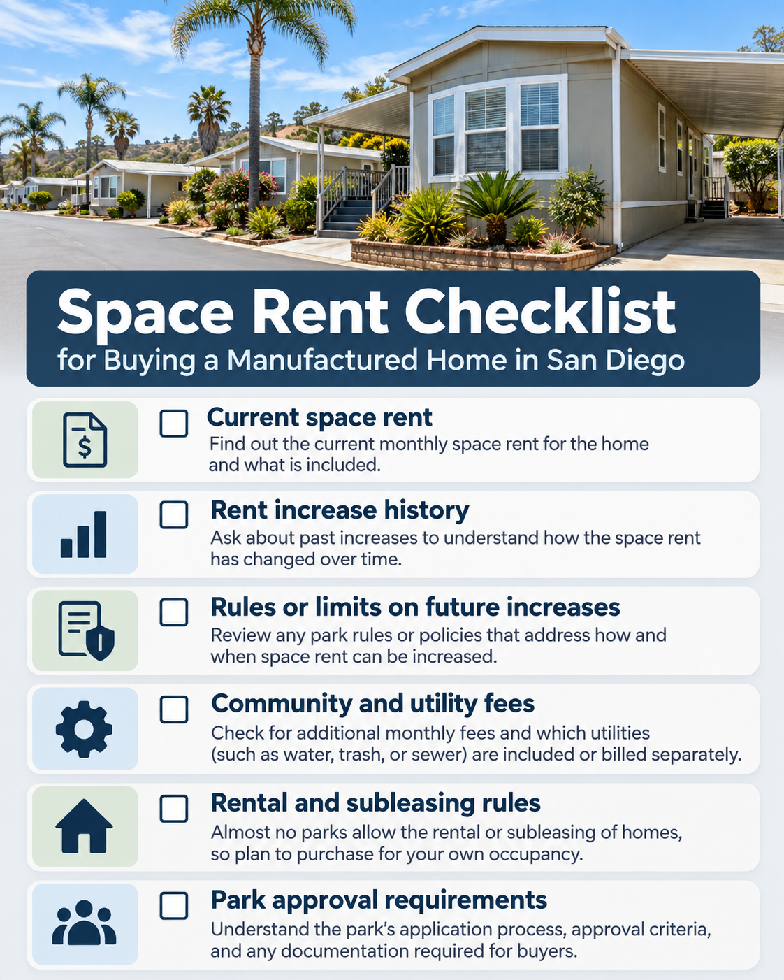 Space rent checklist for comparing manufactured home communities before buying