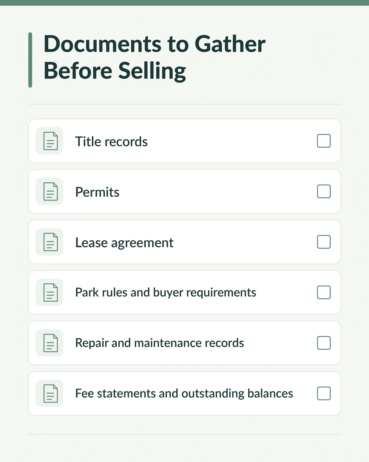 Checklist of title, permit, park, lease, repair, and fee records to prepare before selling
