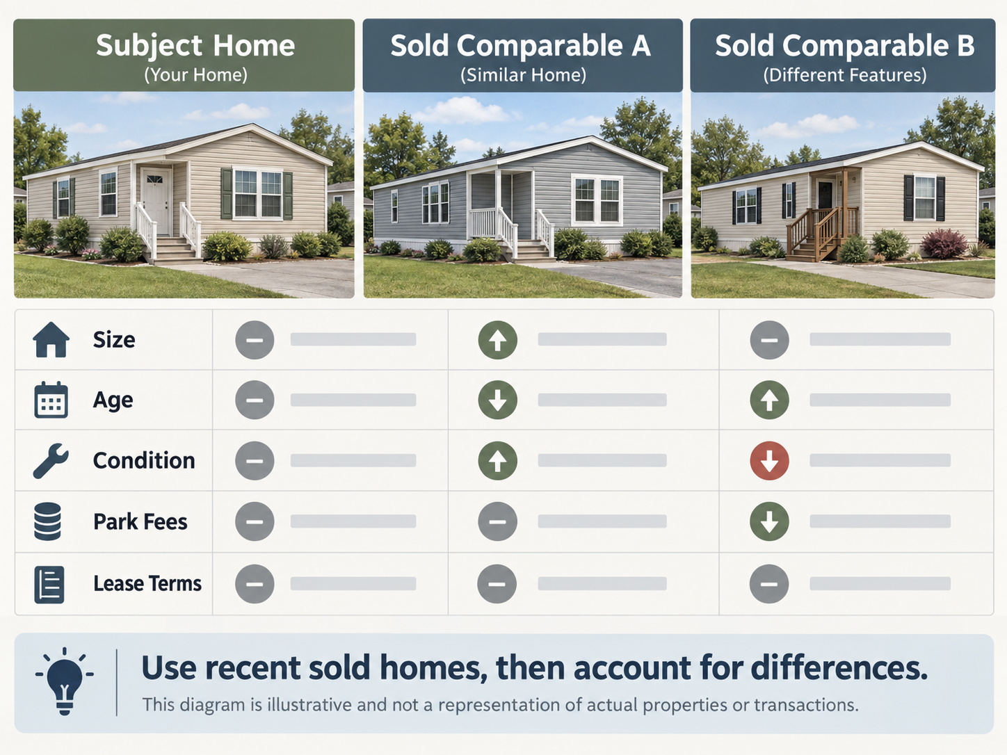 Comparison diagram showing a subject manufactured home alongside two sold comparables and key pricing factors