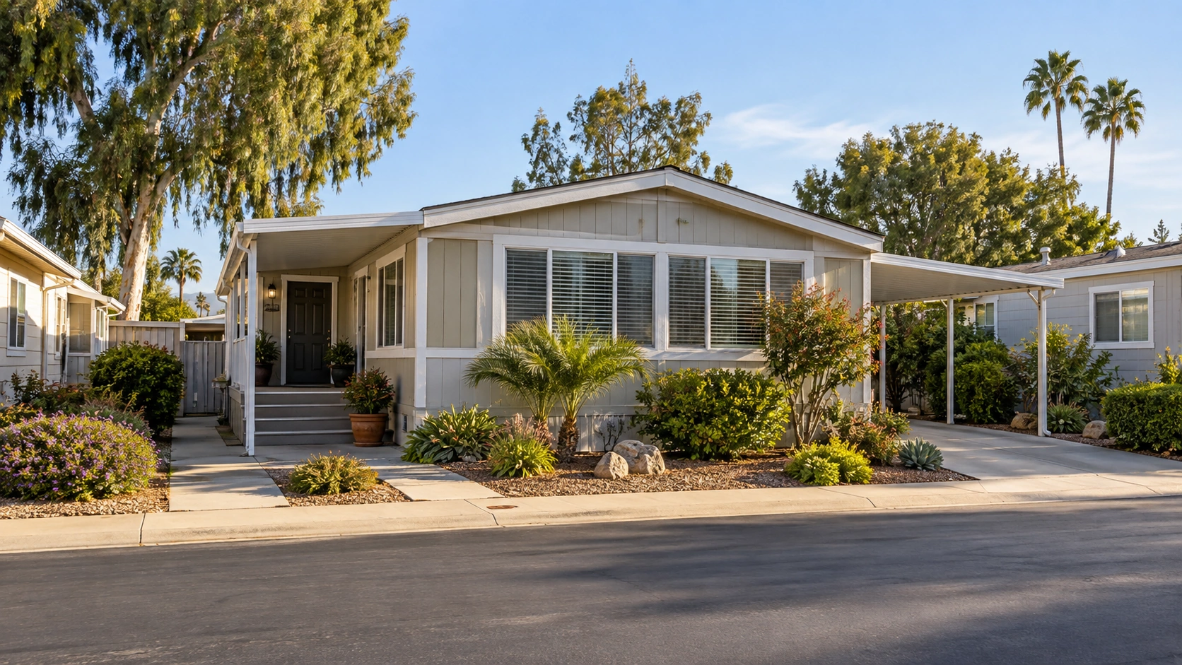 Manufactured home with a landscaped front yard in a Southern California mobile home community.