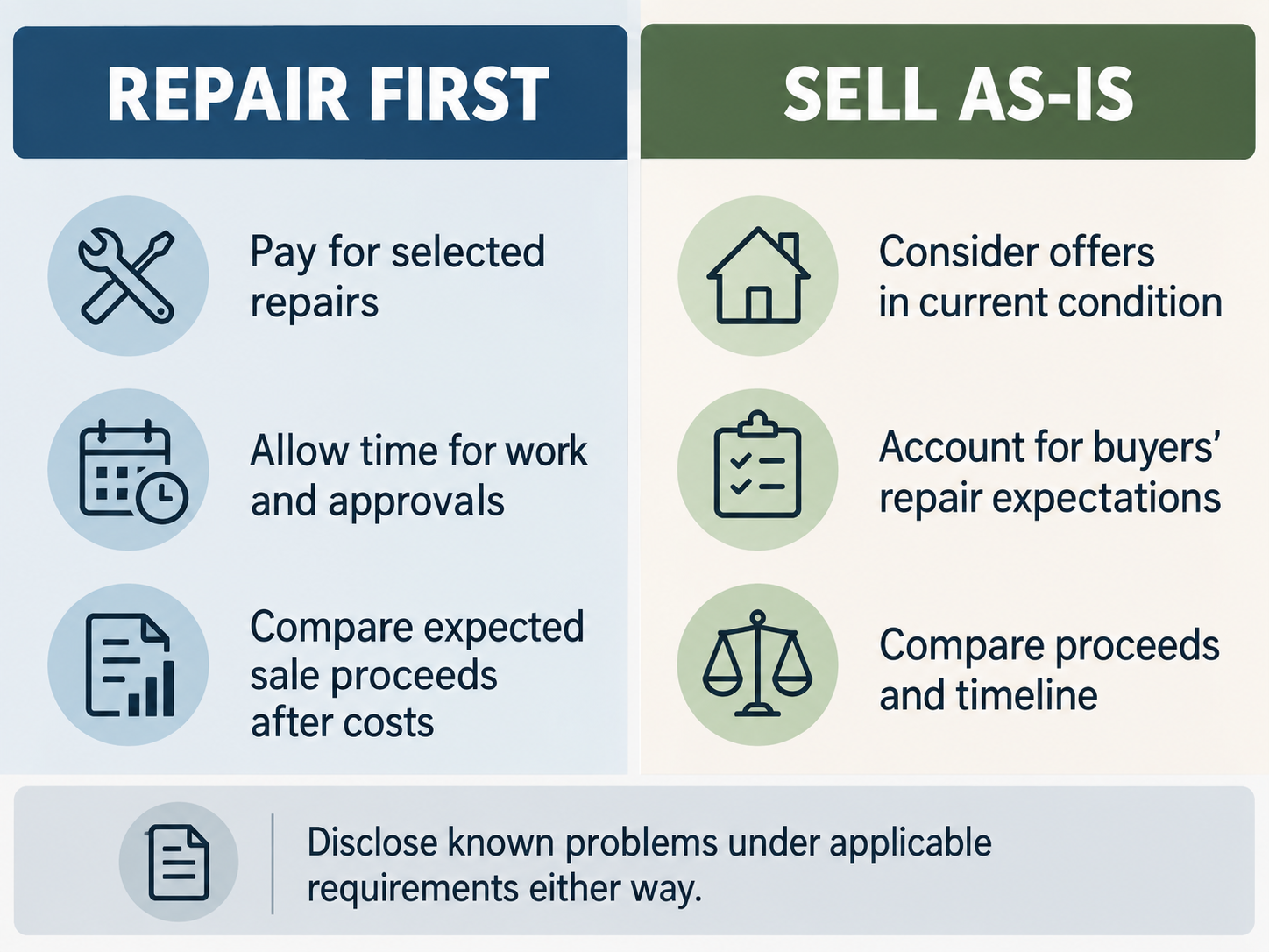 Side-by-side comparison of repair-first and as-is mobile home sales, covering costs, timing, potential proceeds, and disclosures