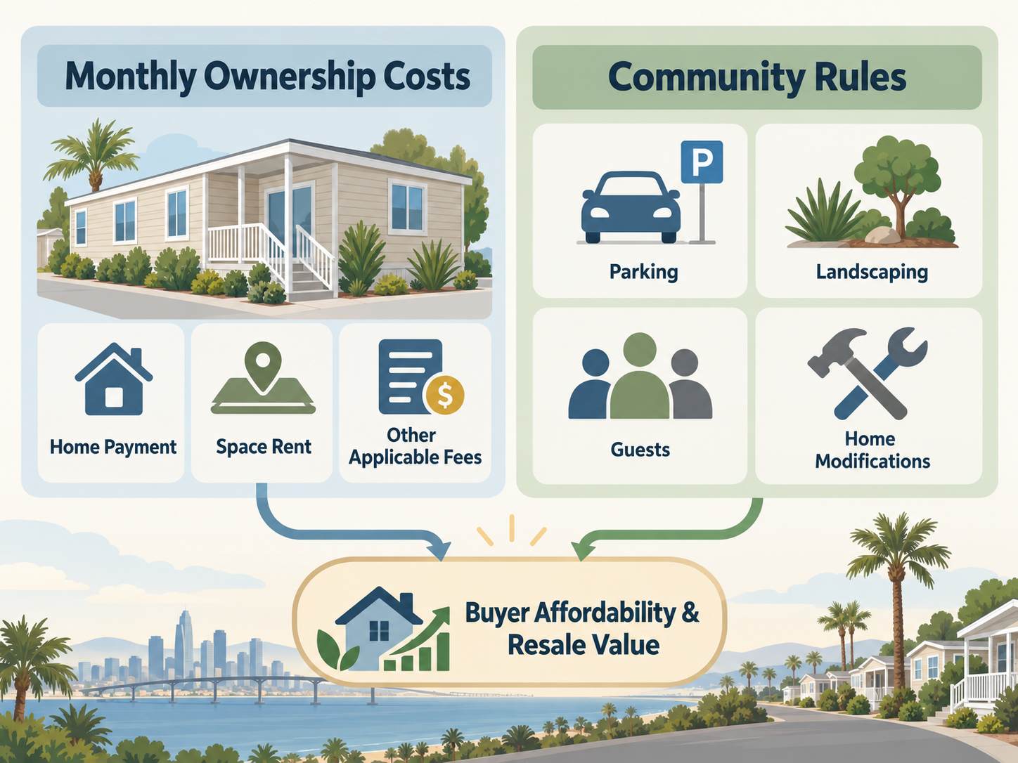 Diagram showing how space rent, monthly ownership costs, and park rules affect mobile home resale value