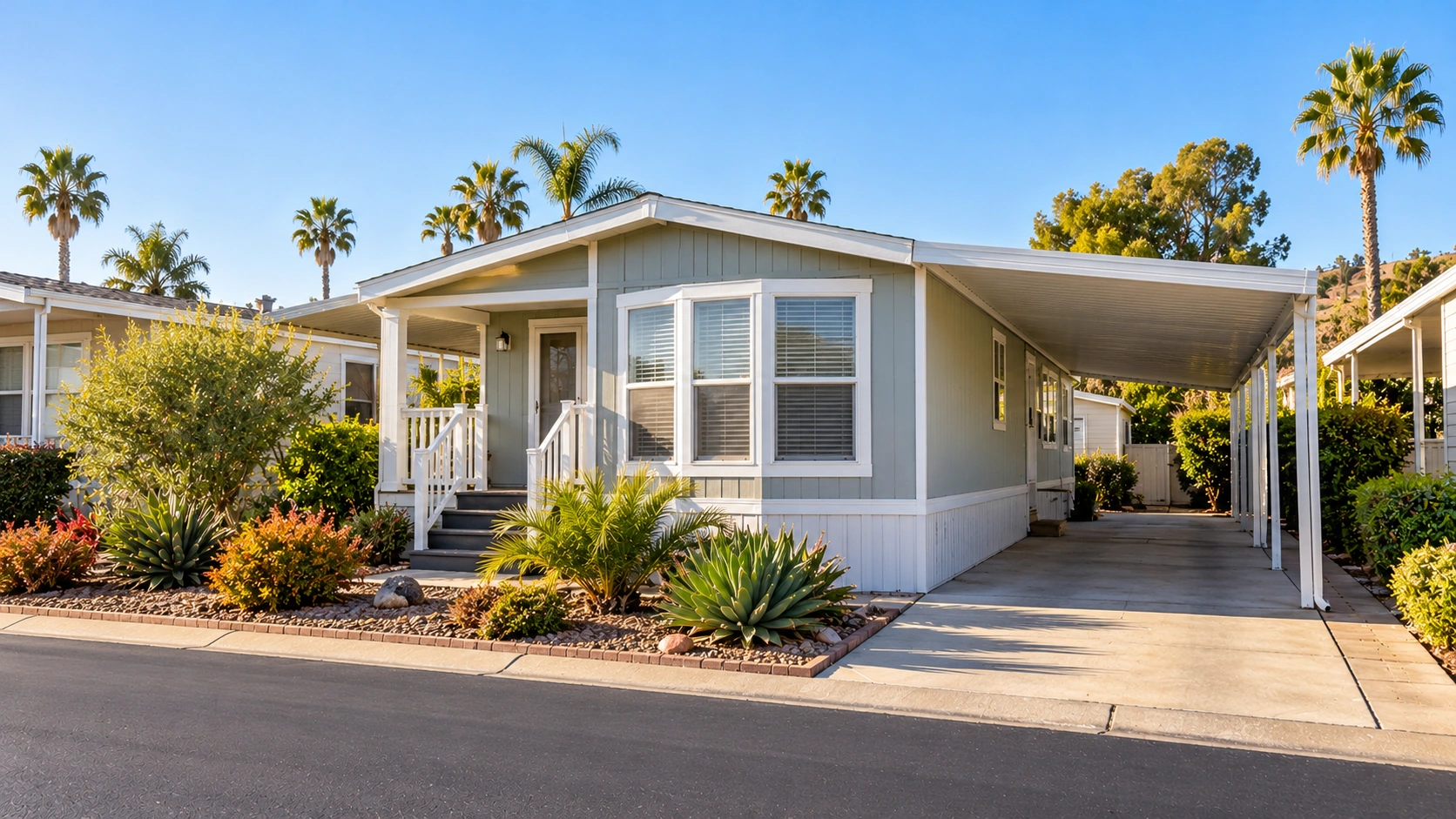 Existing manufactured home with a carport and drought-tolerant landscaping in a Southern California mobile-home community.