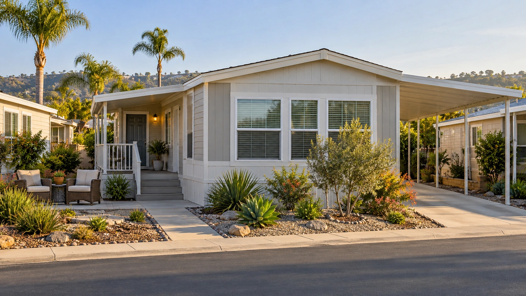Existing manufactured home with a carport and patio area in a Southern California mobile-home community.