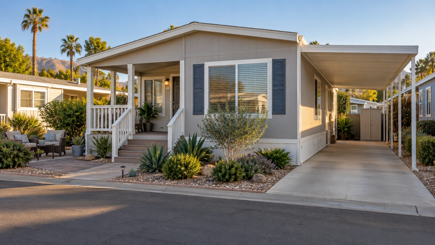Existing manufactured home with a carport and patio area in a Southern California mobile-home community.