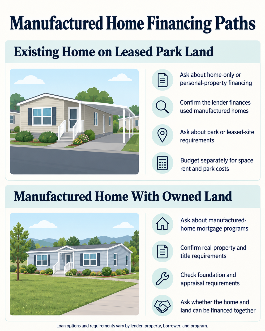 Comparison of financing questions for a manufactured home on leased park land versus a home with owned land.