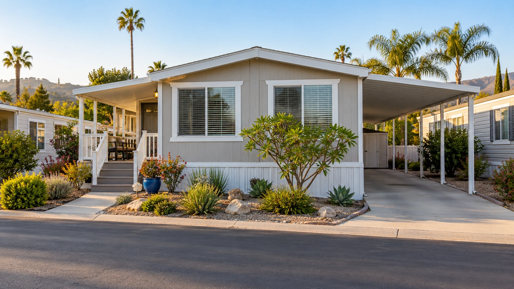 Well-maintained manufactured home with a carport and patio area in a Southern California mobile-home community.