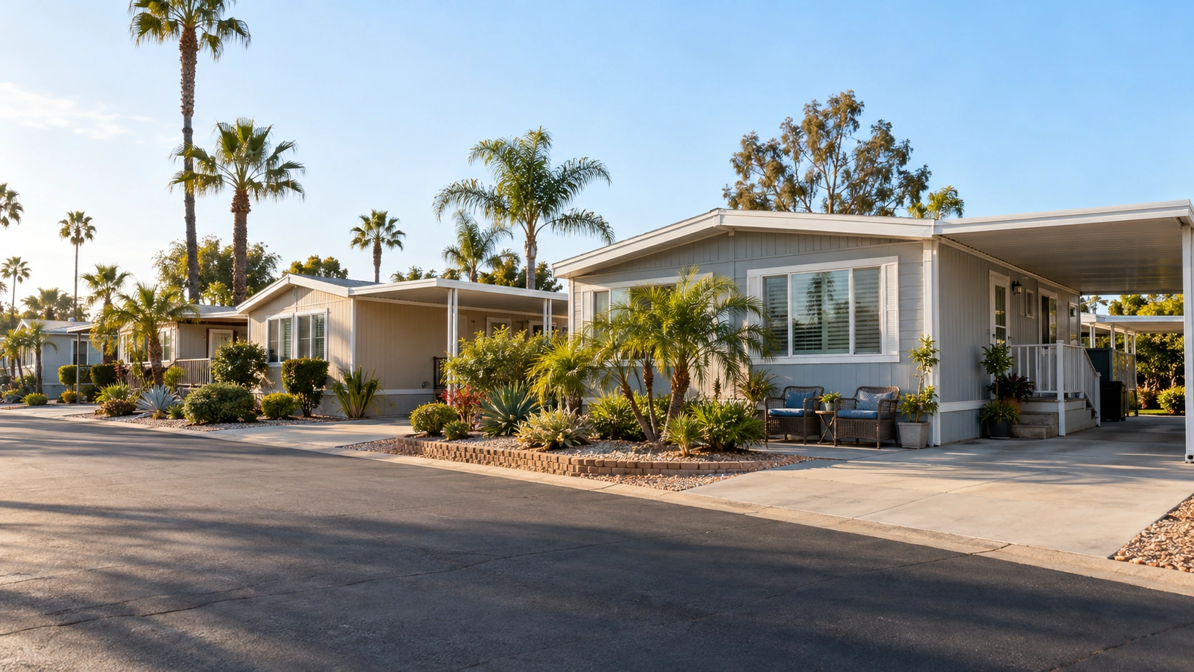 Manufactured homes with carports and modest patio areas in a well-maintained Southern California community.