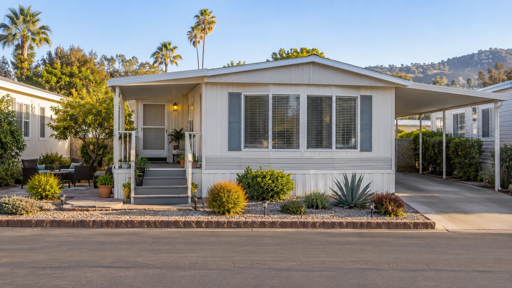Older well-maintained mobile home with a carport, patio area, skirting, and mature Southern California landscaping.