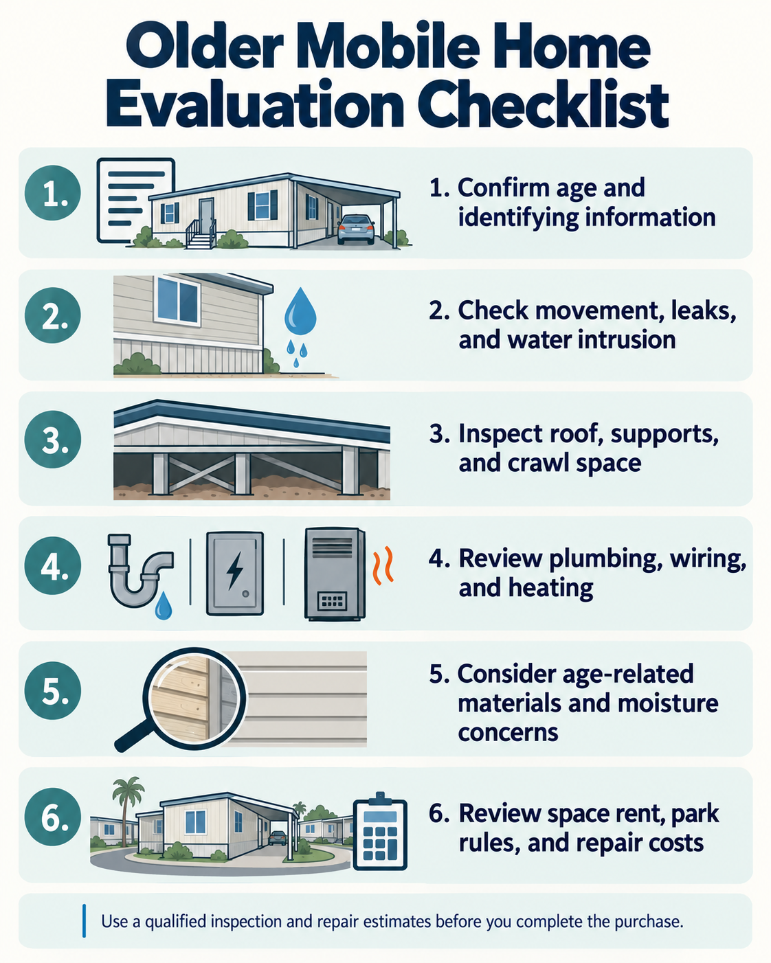 Older mobile home evaluation checklist covering identity, structure, moisture, major systems, age-related materials, and park costs.