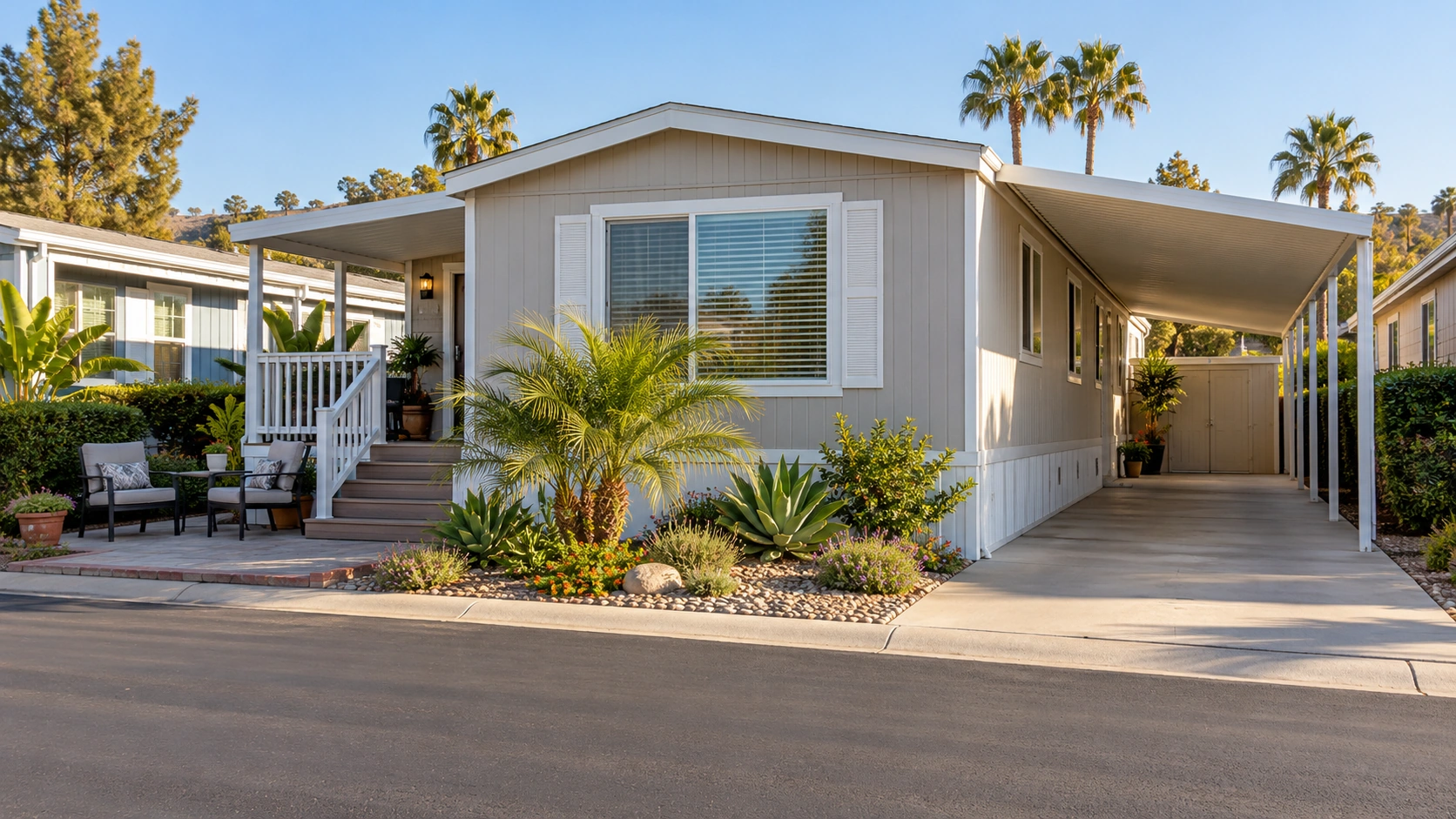 Well-maintained manufactured home with a carport and patio area in a Southern California mobile-home community.