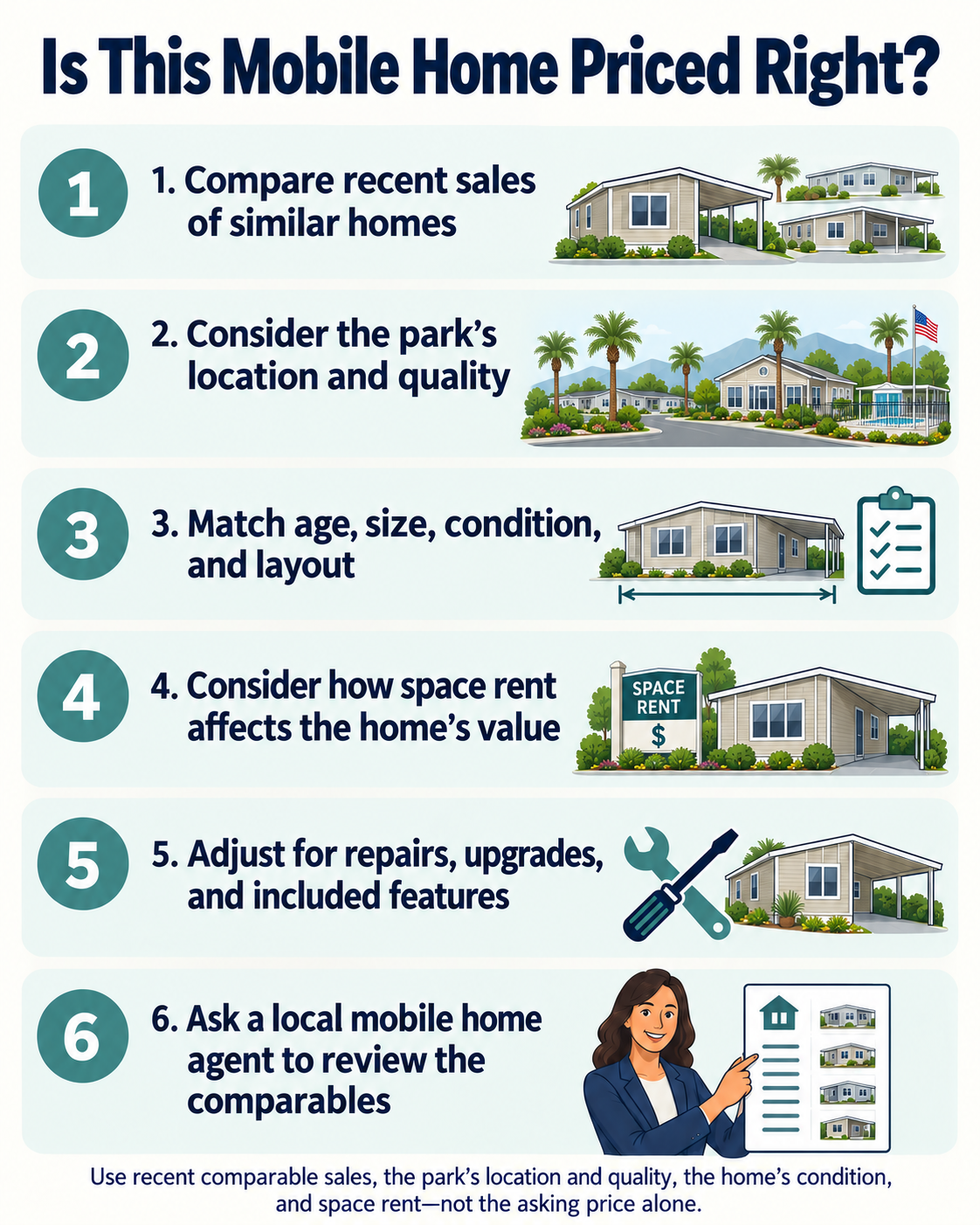 Mobile home pricing checklist covering recent comparable sales, park location and quality, home condition, space rent, repairs, upgrades, and local mobile home agent review.