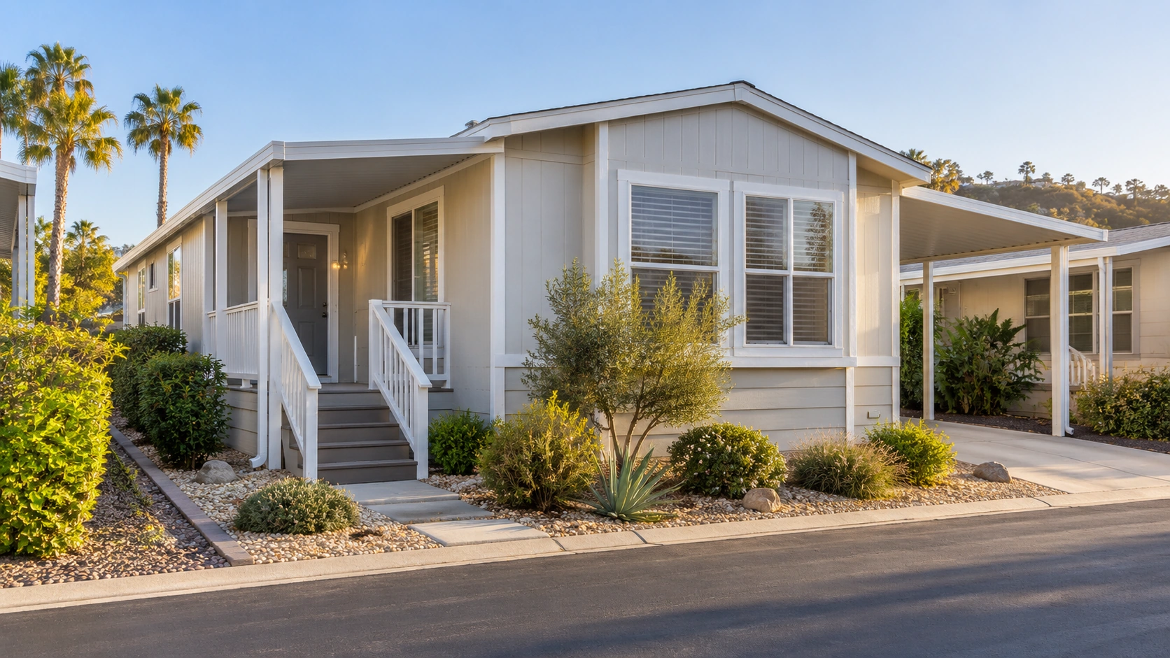 Well-maintained manufactured home photographed in soft daylight with tidy landscaping and a clear front view.