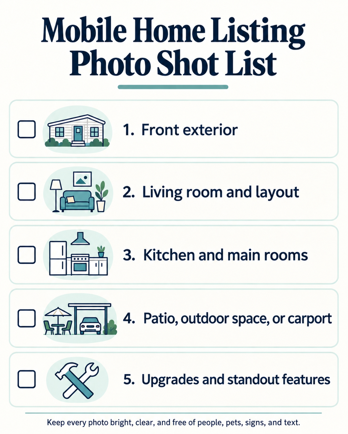 Mobile home listing photo checklist covering the front exterior, living room and layout, kitchen and main rooms, patio or outdoor space, carport, and notable upgrades.