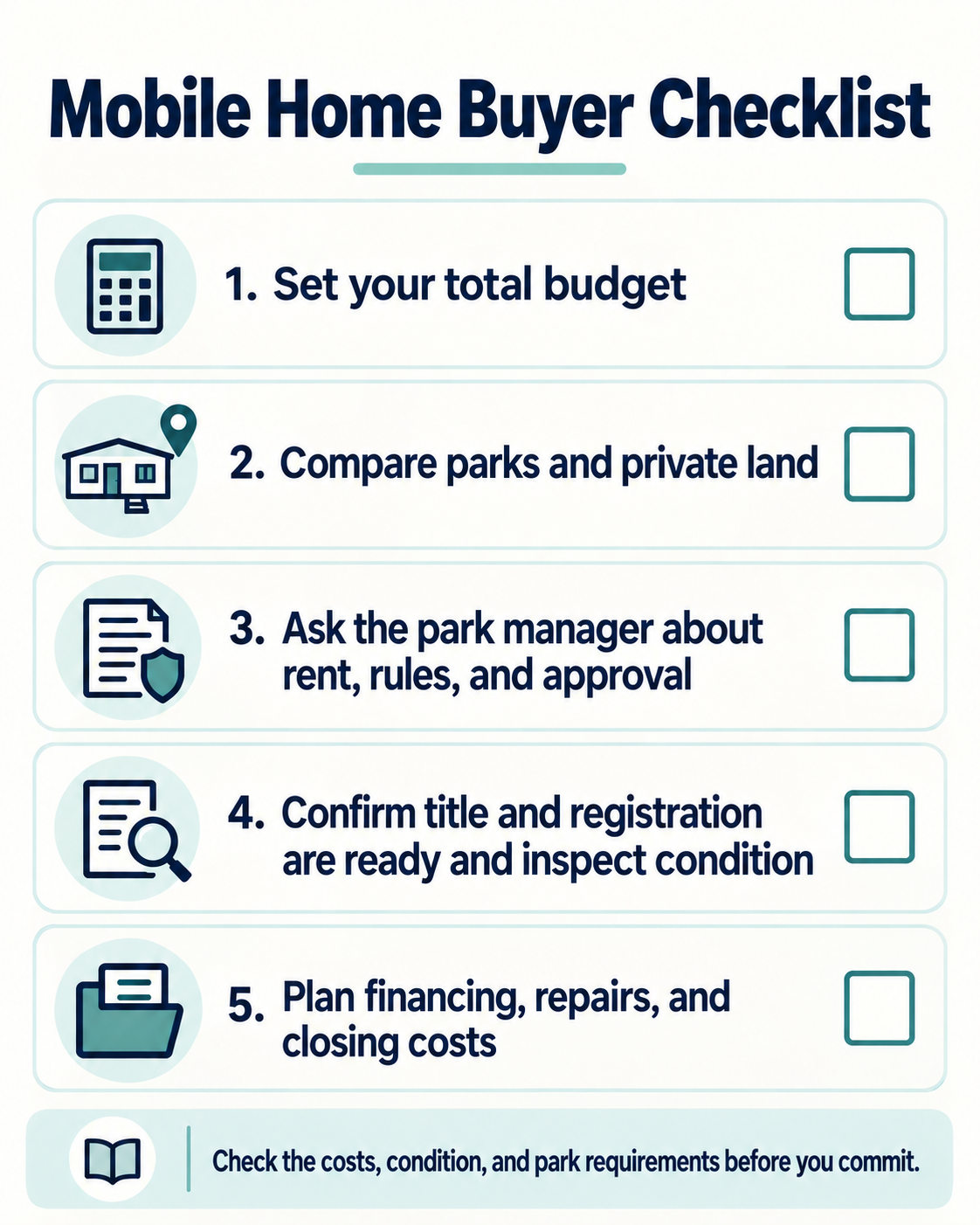 Mobile home buyer checklist covering budgeting, comparing parks and private land, asking the park manager about rent and approval, confirming title and registration are ready, inspecting condition, and planning financing, repairs, and closing costs.