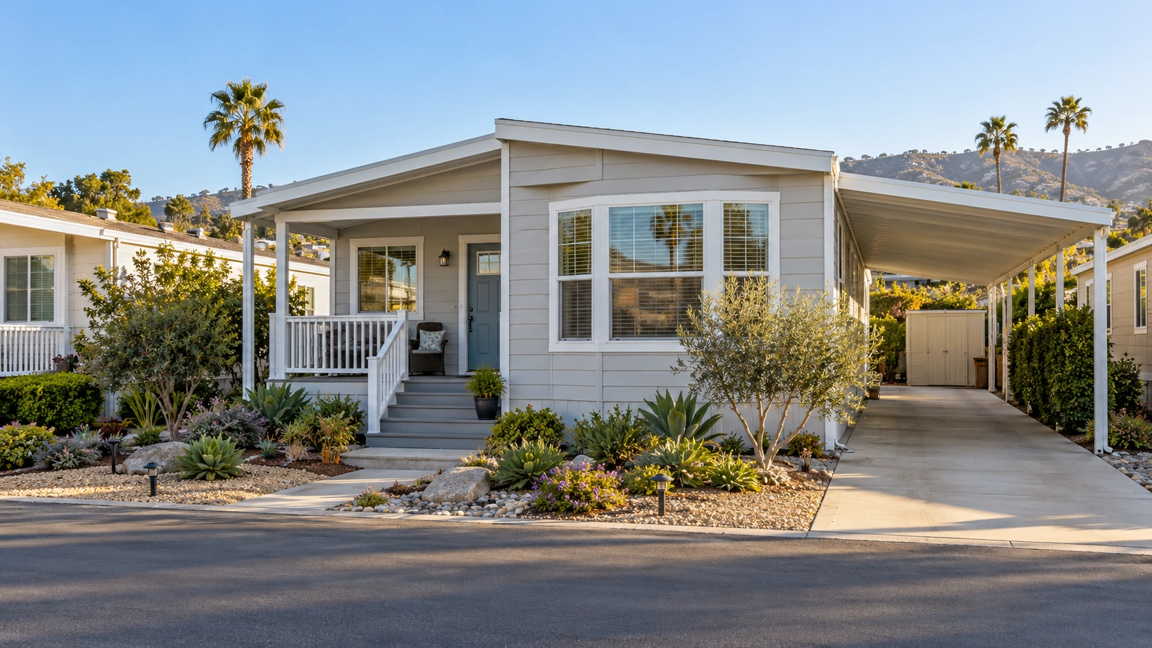 Well-maintained manufactured home with a carport, patio area, and Southern California landscaping.