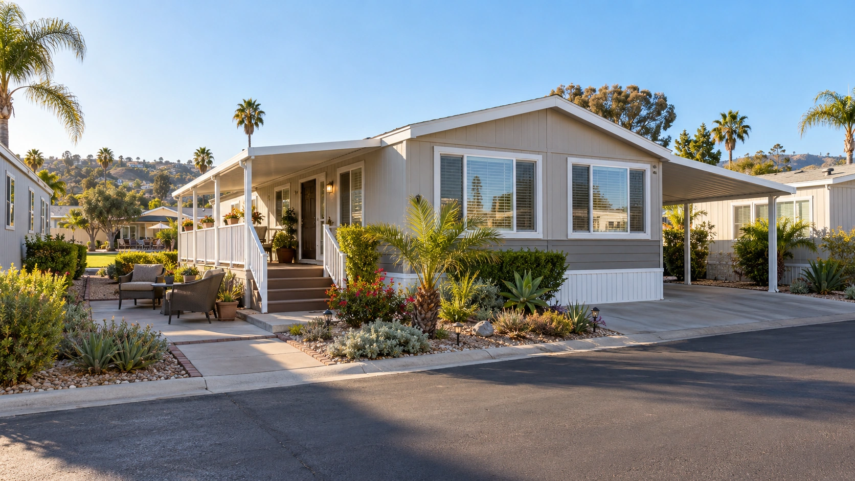 Manufactured home with a carport and patio area in a well-maintained Southern California mobile-home community.