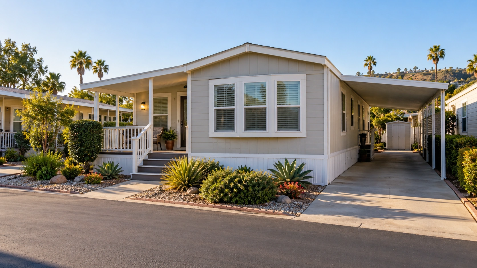 Existing manufactured home with a carport and patio area in a Southern California mobile-home community.