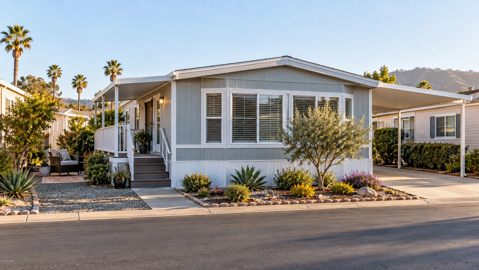 Well-maintained manufactured home with a carport and patio area in a Southern California mobile-home community.