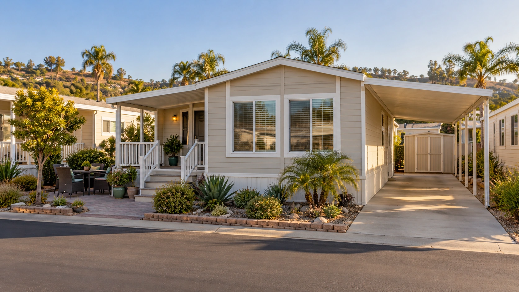 Manufactured home with a carport and patio area in a well-maintained Southern California mobile-home community.