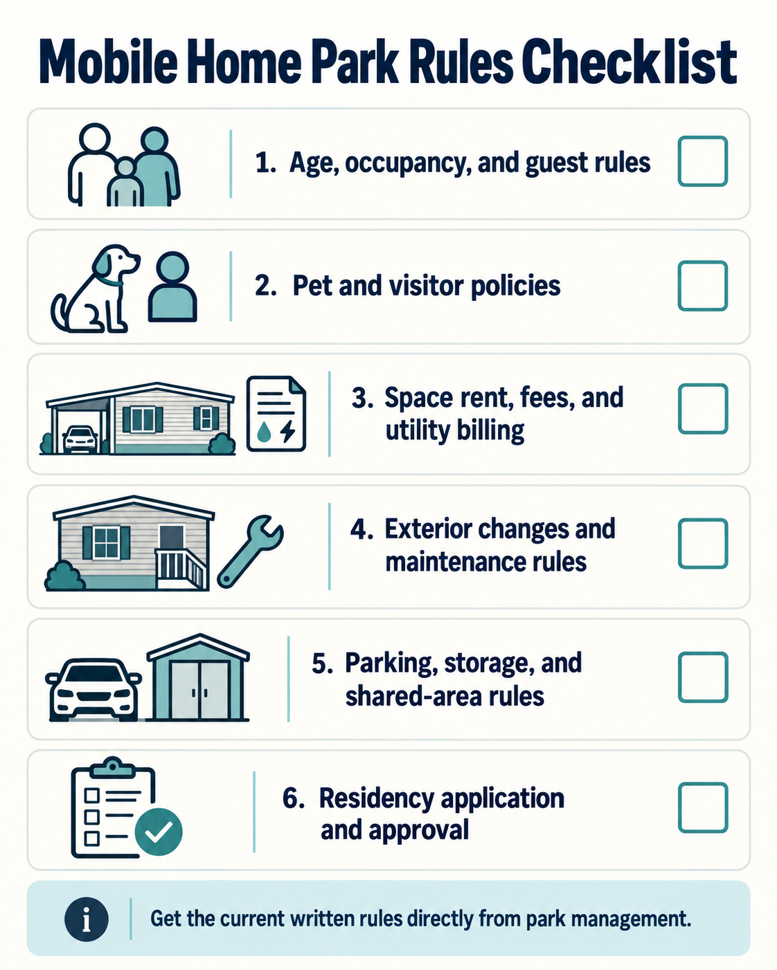 Mobile home park rules checklist covering residency, pets and guests, rent and fees, home changes, parking, and approval.