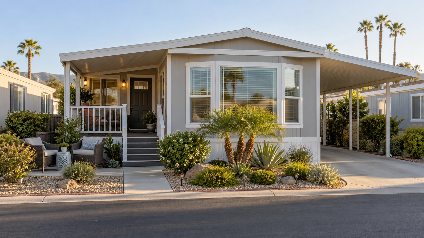 Well-maintained manufactured home with a carport, patio area, and tidy Southern California landscaping.