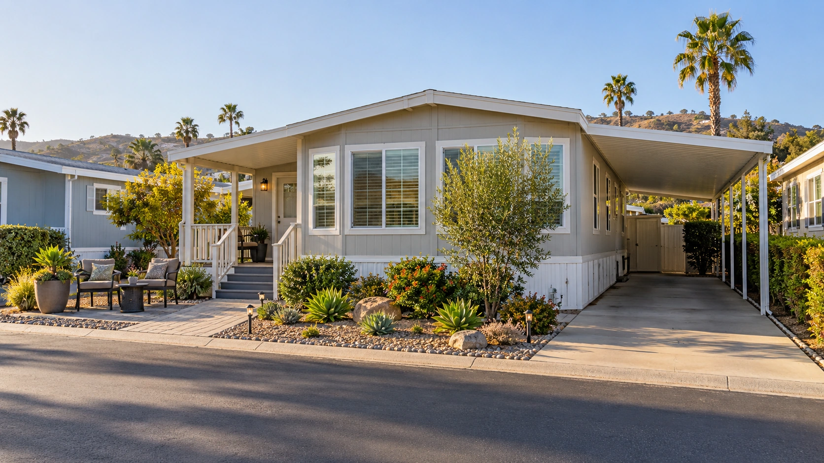 Existing manufactured home with a carport and patio area in a Southern California mobile-home community.