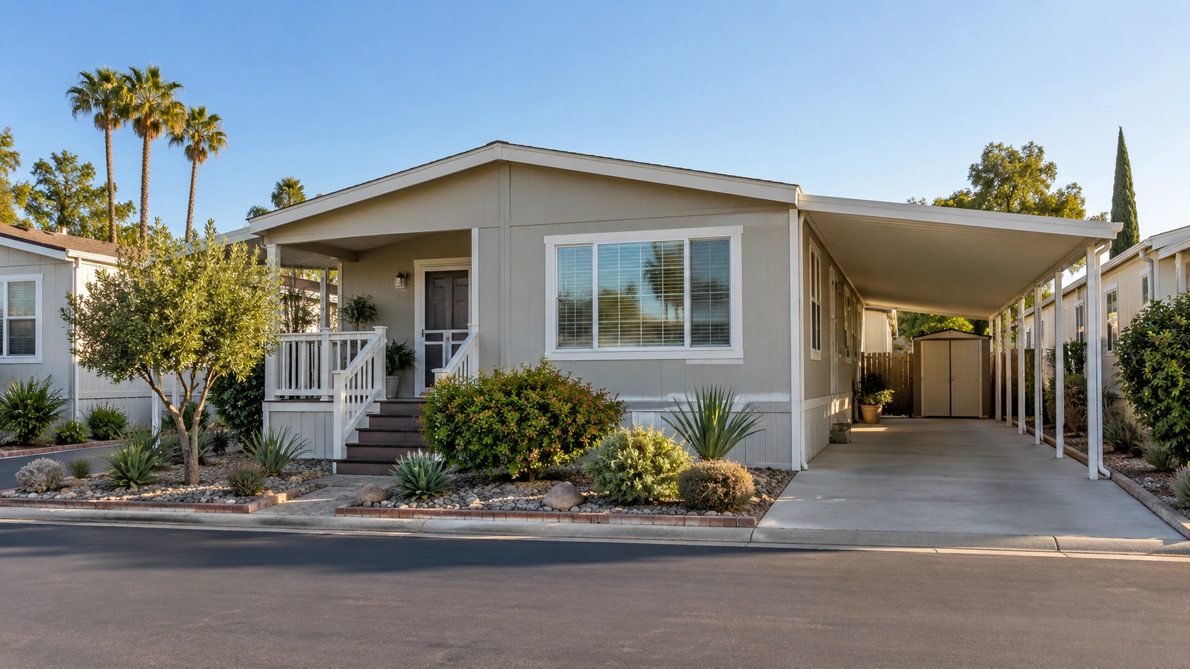 Manufactured home with a carport and patio area in a well-maintained Southern California mobile-home community.