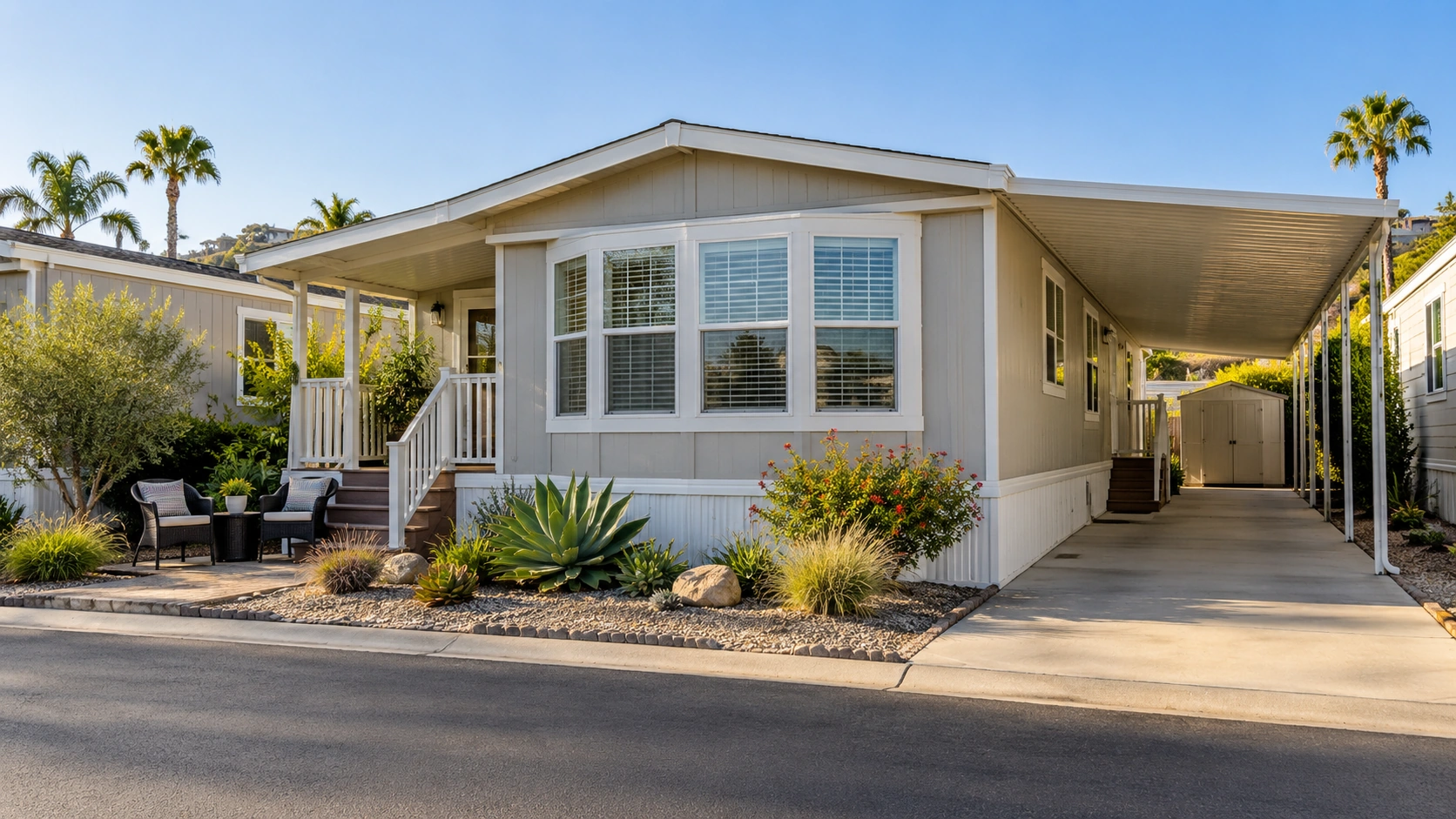 Well-maintained manufactured home with a carport, patio area, and visible skirting in a Southern California community.