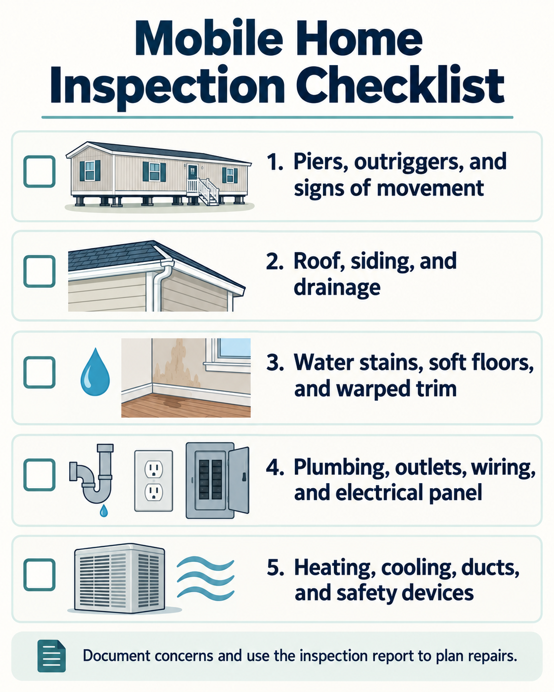 Mobile home inspection checklist covering supports, roof and siding, water damage, plumbing and electrical, and heating and cooling.